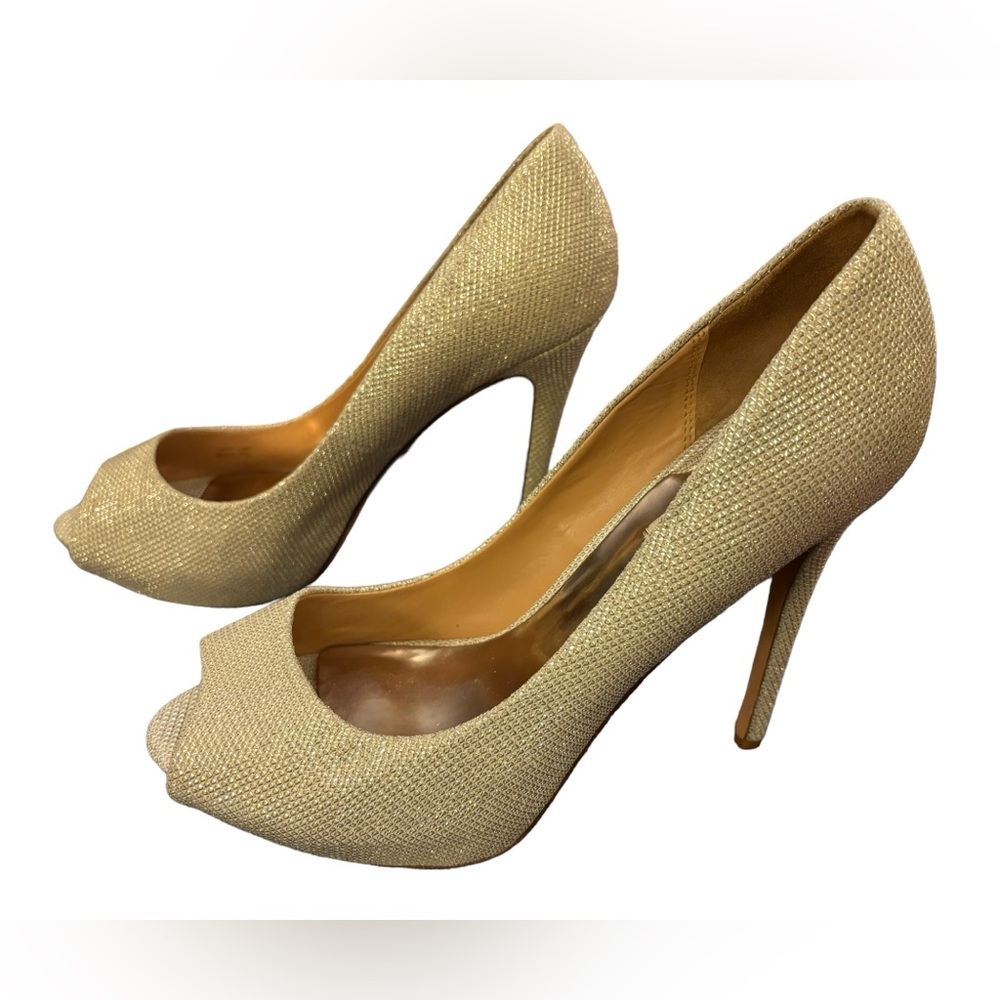 Badgley Mischa Women’s Glittery Gold Peep Toe High Heel Shoes Size‎ 8.5